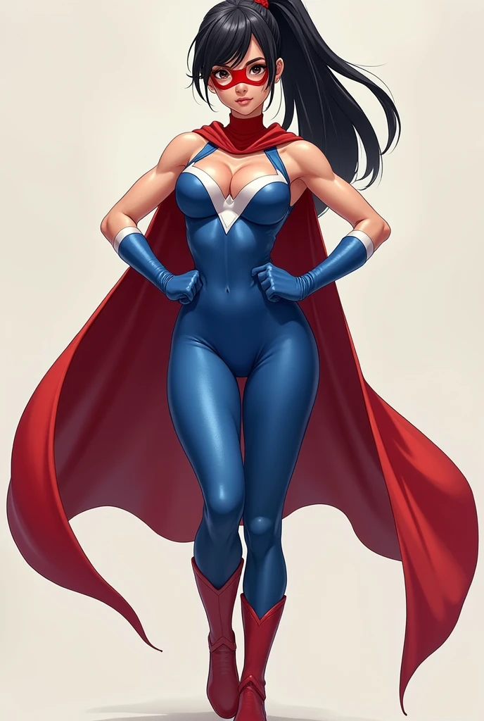 Female, japanese, full body, round face, pretty, wide eyes, dark hair, ponytail, athletic build, fair skin, medium breasts, spandex, red cape, tight, sleeveless, blue top with white sides, up side down white triangle symbol, belly cut-out bodysuit, red underwear, white thigh-high socks, red boots, short blue fingerless, white shooter sleeves, red domino mask, realistic style