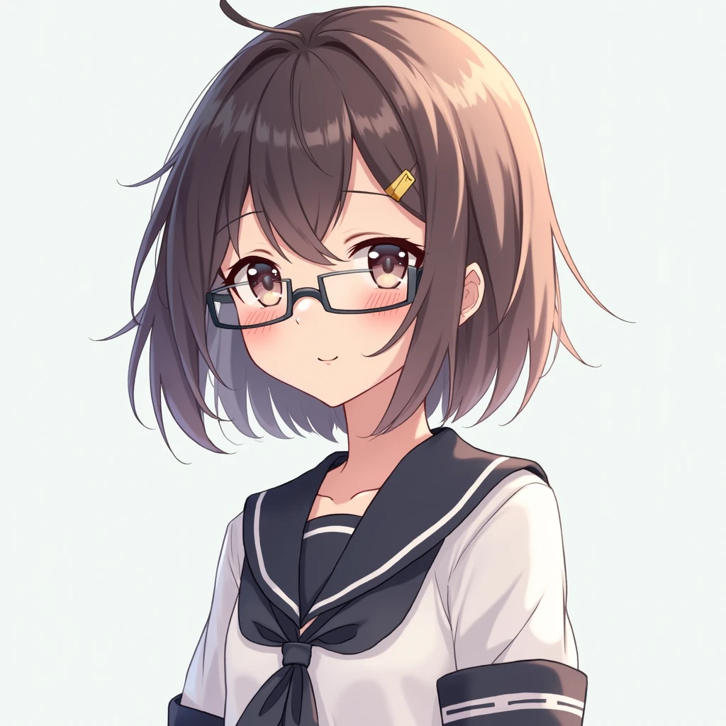 A short-haired, bespectacled female student wearing a cute sailor uniform