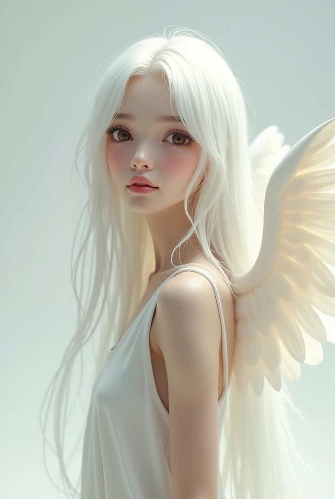 A girl whose skinny, tall, long white hair, brown eyes, big eyes, have a white wings, clean, kind, gorgeous dress, realistic