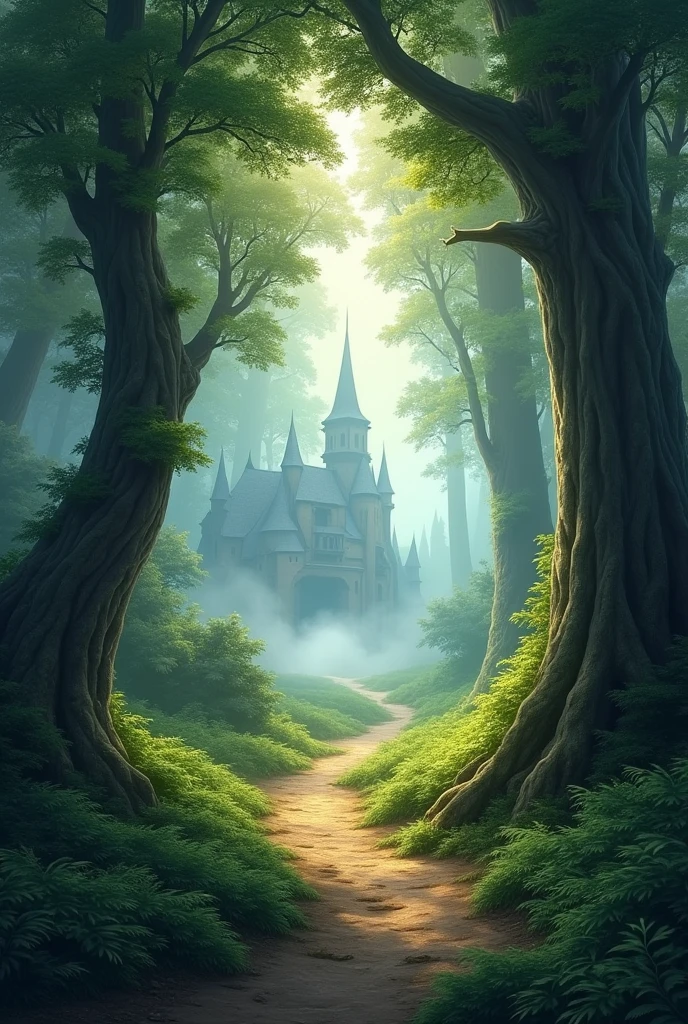 A narrow, winding path cutting through the forest, leading to a faintly visible, fog-covered village in the distance.