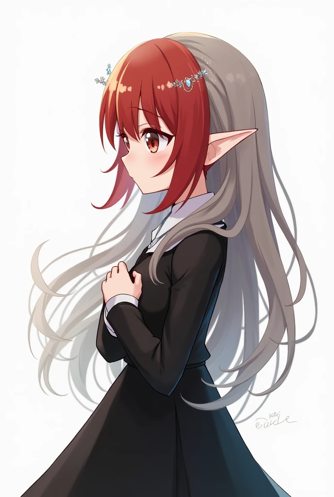, (masterpiece:1.2), Highest quality,The middle of a journey,
One person, alone, Long Hair, Gray Hair, View your viewers, Long sleeve, black dress, dress, with own hands, Ahoge, very Long Hair, shirt, bangs, Redhead, hair ornaments, Heterochromia iridis, multicoloRedhead, Pointed Ears, Purple eyes, White Background, white shirt, Mouth closed
 