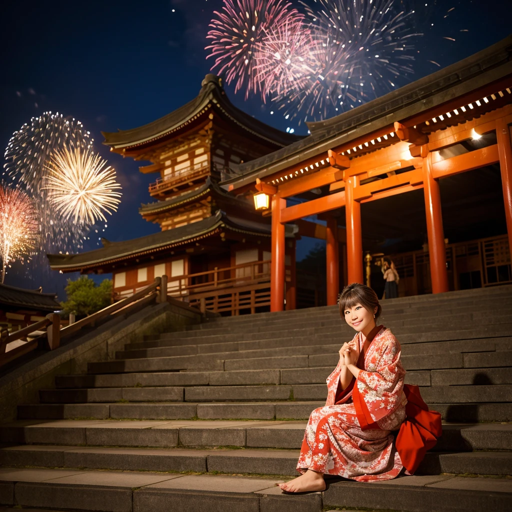 A woman in her 40s sits on the steps of a shrine on the day of the fireworks festival, Attractive pose,, wearing a casual pose, Long-hemmed yukata, Shot with Canon EOS 5D mark iv, Thoughtful pose, Shot with Canon EOS 5D, Woman posing,, Wearing a yukata, Cute young woman, Brown Hair、Fireworks are going off、Shrine at night