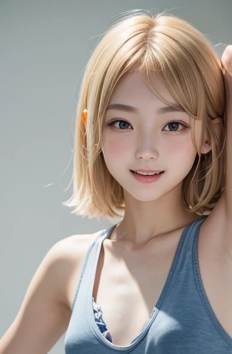 armpits,Create a photo of a korean Asian ager,((beautiful cute idol girl:1.5)), plutinum blonde hair,11yorow eyes:1.5,slim face,slim neck,((thinbody)),white tite tanktop,((rasping)),((frat chest)),((clavicle)),((Narrow eyes:1.5))、(Thin arms)、(Thin neck)、(Thin lips)、Smile、Beautiful armpits:1.5,Sticking out a long tongue、Open your mouth、Cute expression、Hairless、
