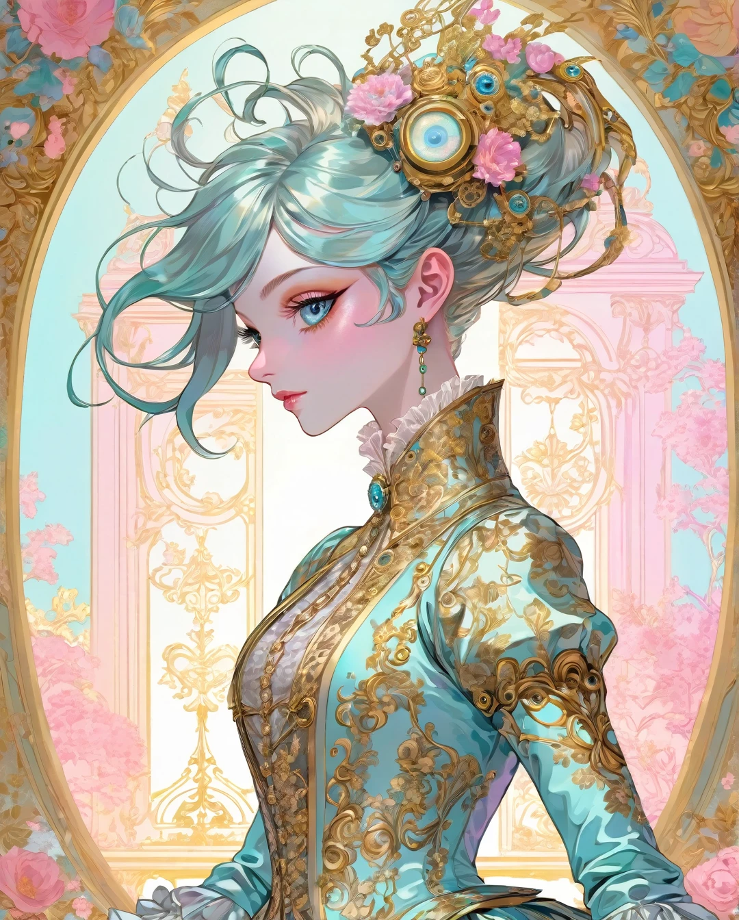 Create a portrait of a graceful, half-human, half-cyborg character dressed in Rococo fashion. The character wears intricate, gilded garments with lace and floral patterns, but with metallic limbs and glowing, cybernetic eyes. The background features ornate, pastel-colored scrollwork and romantic landscapes, merging 18th-century opulence with futuristic technology. The overall aesthetic is a blend of Rococo and Neo pop, with vibrant hues and captivating patterns.