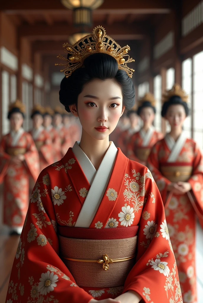 Princess of the Edo period in Japan、Ooku、30 years old、Beautiful kimono、Only the princess in the front has a luxurious and flashy kimono and hair ornament.、The face is very beautiful and well-proportioned、We are walking down the long hallway of the castle、Behind us are many women in kimonos walking together