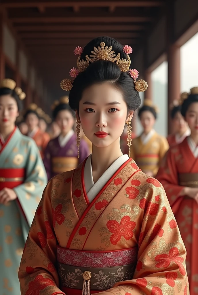 Princess of the Edo period in Japan、Ooku、30 years old、Beautiful kimono、Only the princess in the front has a luxurious and flashy kimono and hair ornament.、The face is very beautiful and well-proportioned、We are walking down the long hallway of the castle、Behind us are many women in kimonos walking together