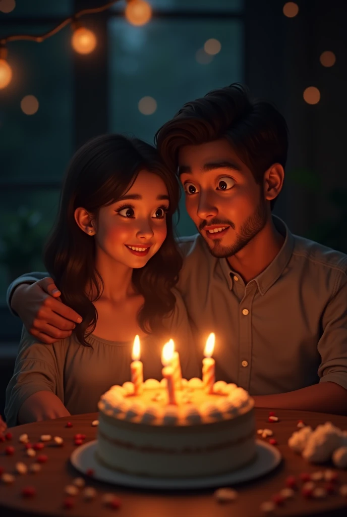 Husband surprice wife in front of cake in a dark night with lights
