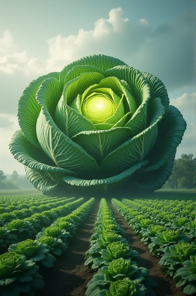 A very big cabbage is kept in a cabbage field and inside it Allah is written and behind it there are trees and the sky is visible above. Make good images and show us.