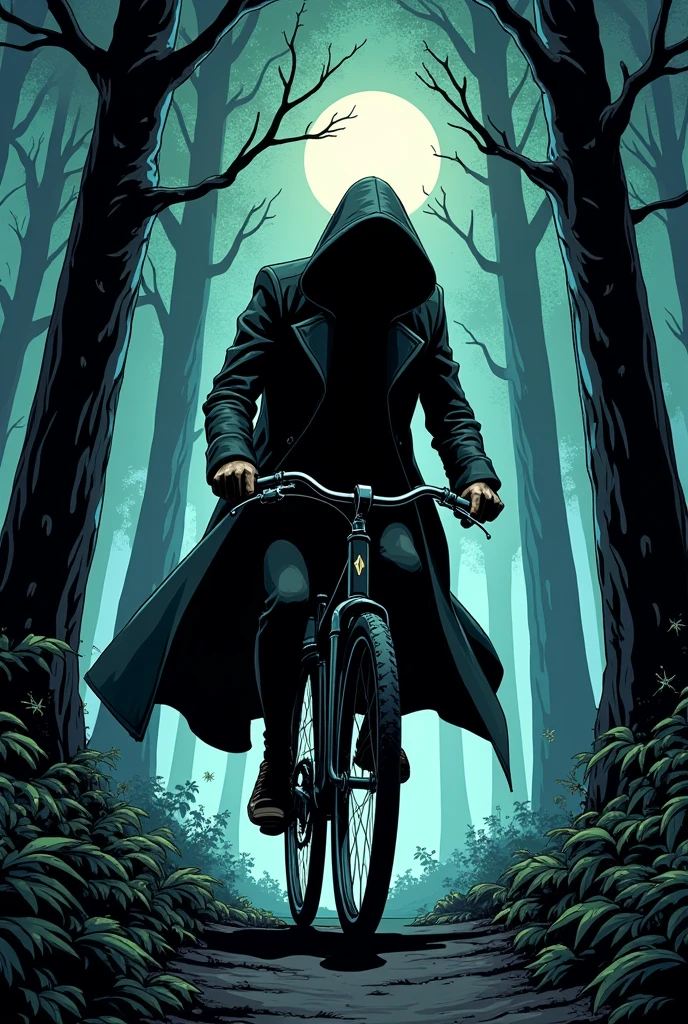 make a comic-style illustration of a person who appears headless but has very large lapels on his long coat and is riding a bicycle through a forest at night, and that only a little of his face can be seen through the buttons of his coat