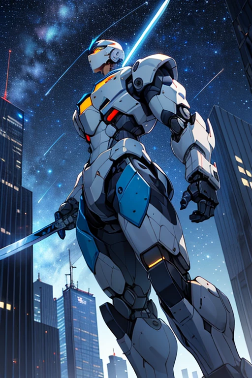 ((Highest quality)) ((Giant robot with sword)) ((Starry Sky)) ((Between the Skyscrapers)) ((Blue and white color scheme)) ((The eye is a straight line.))