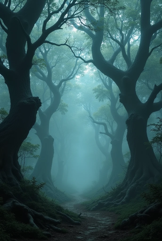 A dense, dark forest with twisted, tall trees and thick mist hanging low. The forest appears ancient and foreboding