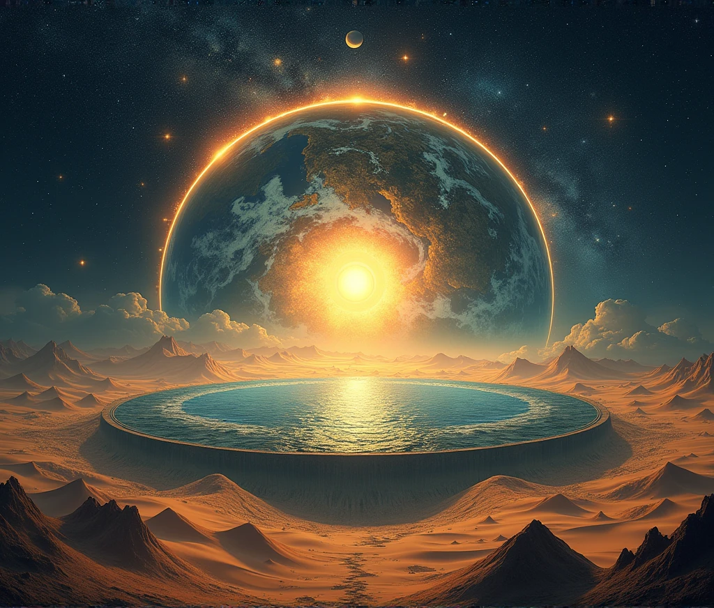 With digital art, 4k, 8k, he creates the Sumerian vision of the planet and the cosmos.
His vision was like this:
The earth was a flat disk (in the center of the disk is the land of Sumer, surrounded by desert, which are the edges of the disk), surrounding the disk, the ocean, below the ocean and the disk, the underworld, above the disk and the ocean, the celestial dome or the sky, with the sun, the moon and the stars. The underworld and the sky would make a sphere, with the disk and the ocean in the center. Outside of this, the universe with its galaxies and its laganas stars.