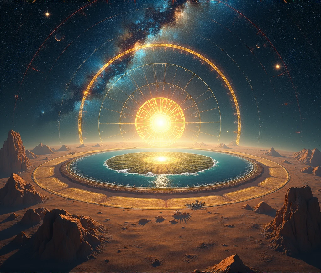 With digital art, 4k, 8k, he creates the Sumerian vision of the planet and the cosmos.
His vision was like this:
The earth was a flat disk (in the center of the disk is the land of Sumer, surrounded by desert, which are the edges of the disk), surrounding the disk, the ocean, below the ocean and the disk, the underworld, above the disk and the ocean, the celestial dome or the sky, with the sun, the moon and the stars. The underworld and the sky would make a sphere, with the disk and the ocean in the center. Outside of this, the universe with its galaxies and its laganas stars.