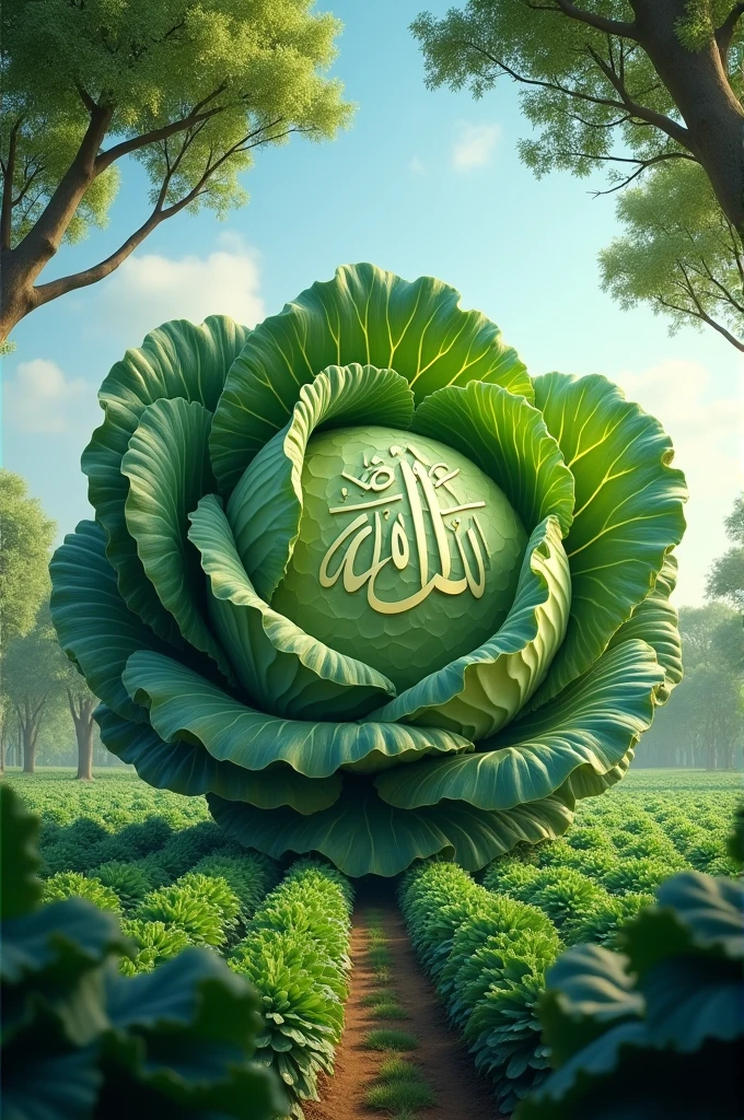 A very big cabbage is kept in a cabbage field and inside it Allah is written and behind it there are trees and the sky is visible above. Make good images and show us.