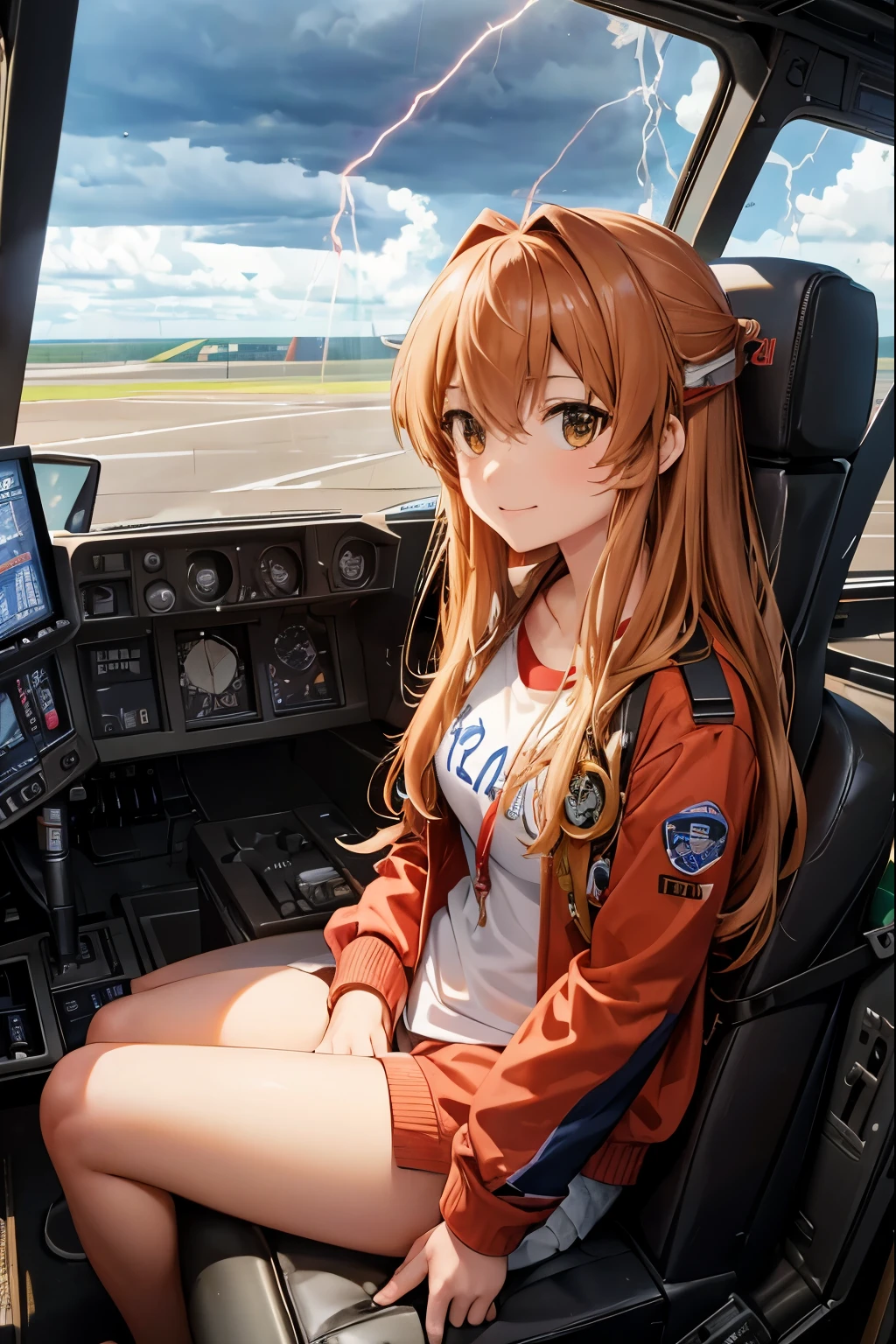 Taiga Aisaka F 35 pilot, Taiga Aisaka from the anime Toradora, inside a cockpit of an F 35 model fighter plane. Outside lightning, thunderbolts, storm clouds, aerial combat,