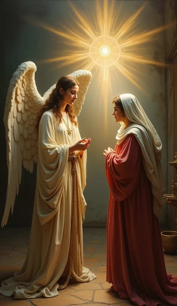 The Annunciation。The beautiful Virgin Mary at the age of 15。Archangel Gabriel。