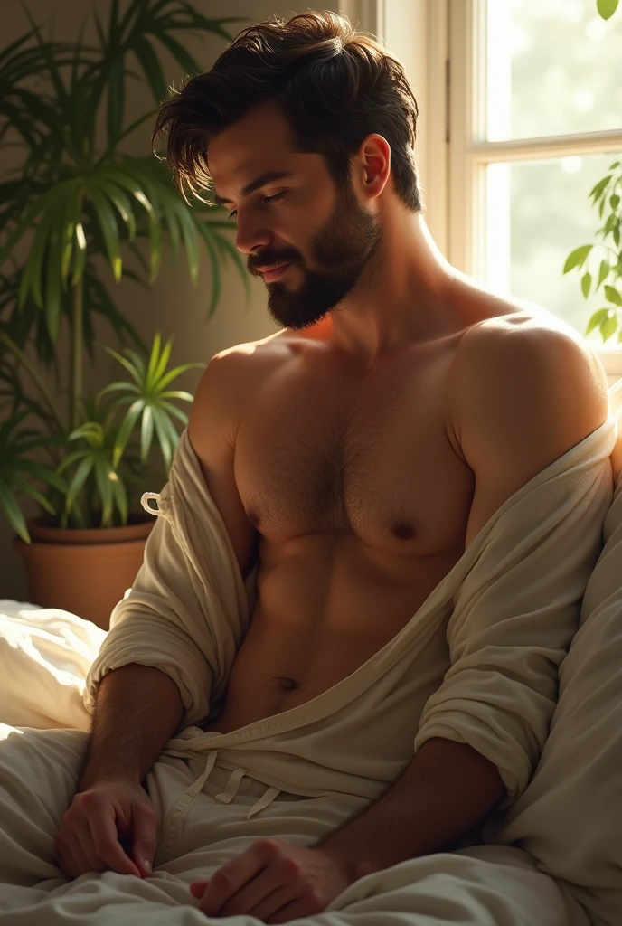 (photorealism:1.2), beautiful man, sitting on bed, wearing loose off-shoulder top, pajama pants, slight beard, shirtless, naked, , indoors, soft lighting, plants in background, window with sunlight, cozy room, relaxed pose, realistic, intricate details, warm colors, by Greg Rutkowski, by Alphonse Mucha