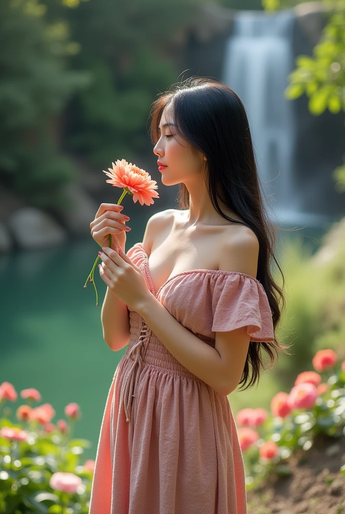 ((The Peeping Tom's Perspective)) A beautiful asian and young girl.Her facial features are exquisite and fully conform to the golden ratio of human anatomy...Her long, black hair, Big breasts, huge chest, fat body, thick women, beautiful scenery, big breasts, big breasts, big tits, busty , big breast, big , wearing a beautiful sexy maxi dress, at the flower garden, waterfall, sexy pose , holding a flower in her hands, enjoying her time, smelling the flowers , big breasts