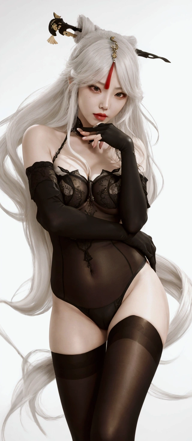 (lace, lace-trim, white elbow gloves, white bow bra, white thighhighs, bare shoulders, thighs, underwear only, bow panties, white choker, g-string, thong:1.4), cleavage, (orange eyes, long white hair, swept bangs, messy hair:1.4), (pink lips, hair flower, pink flower, makeup:1.2), 1girl, thigh gap, ((outdoors, hills, grass, leaves, blue sky, sun, flowers)), (arms by side1.2), (((white garter straps, white garter belt:1.2))), (white skin)