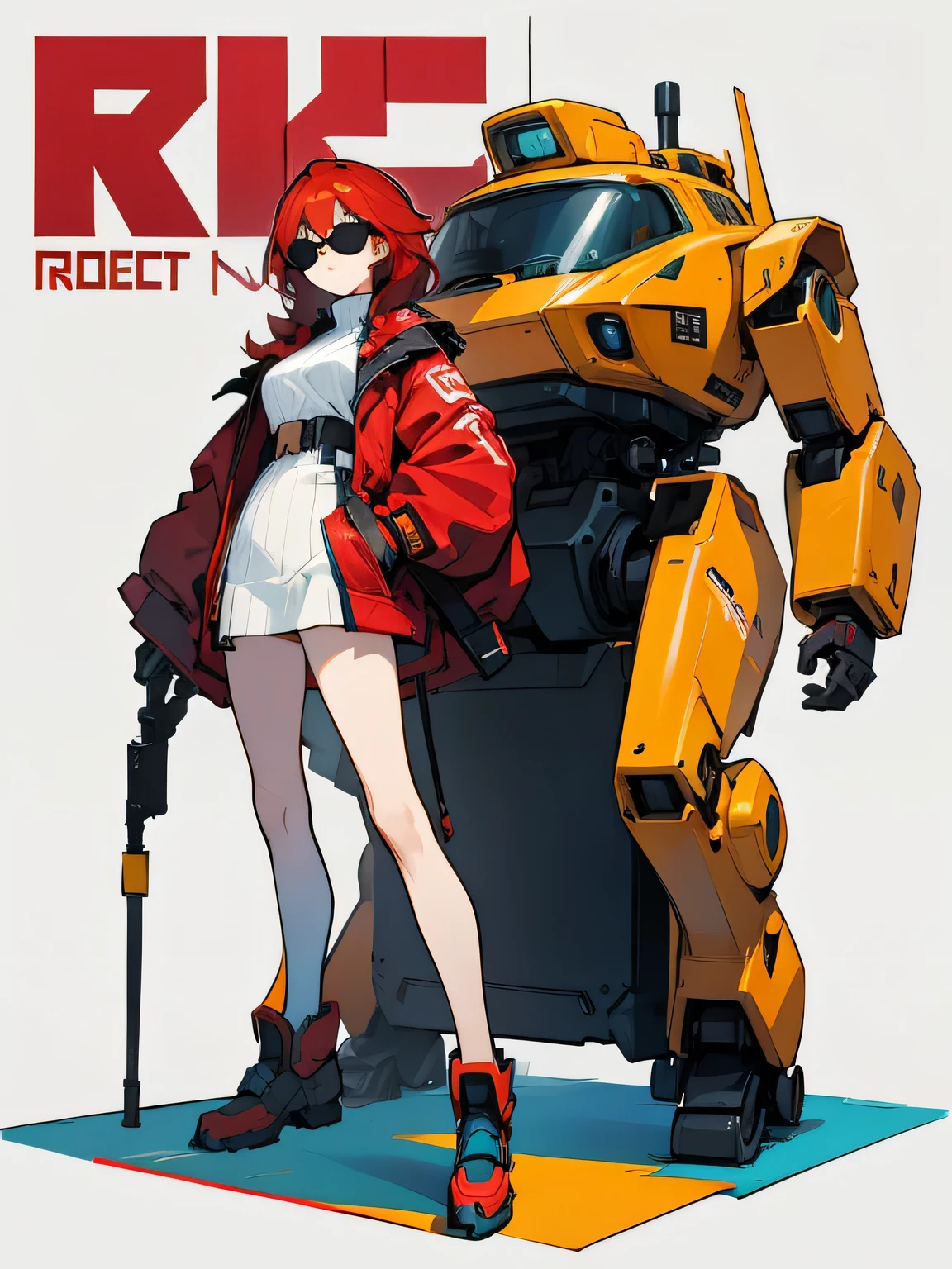 women, robot, red hair, Sunglasses, model, full body