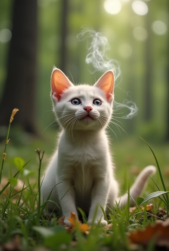 A cute kitty cat sits on the grass in the forest and smokes a cigarette.