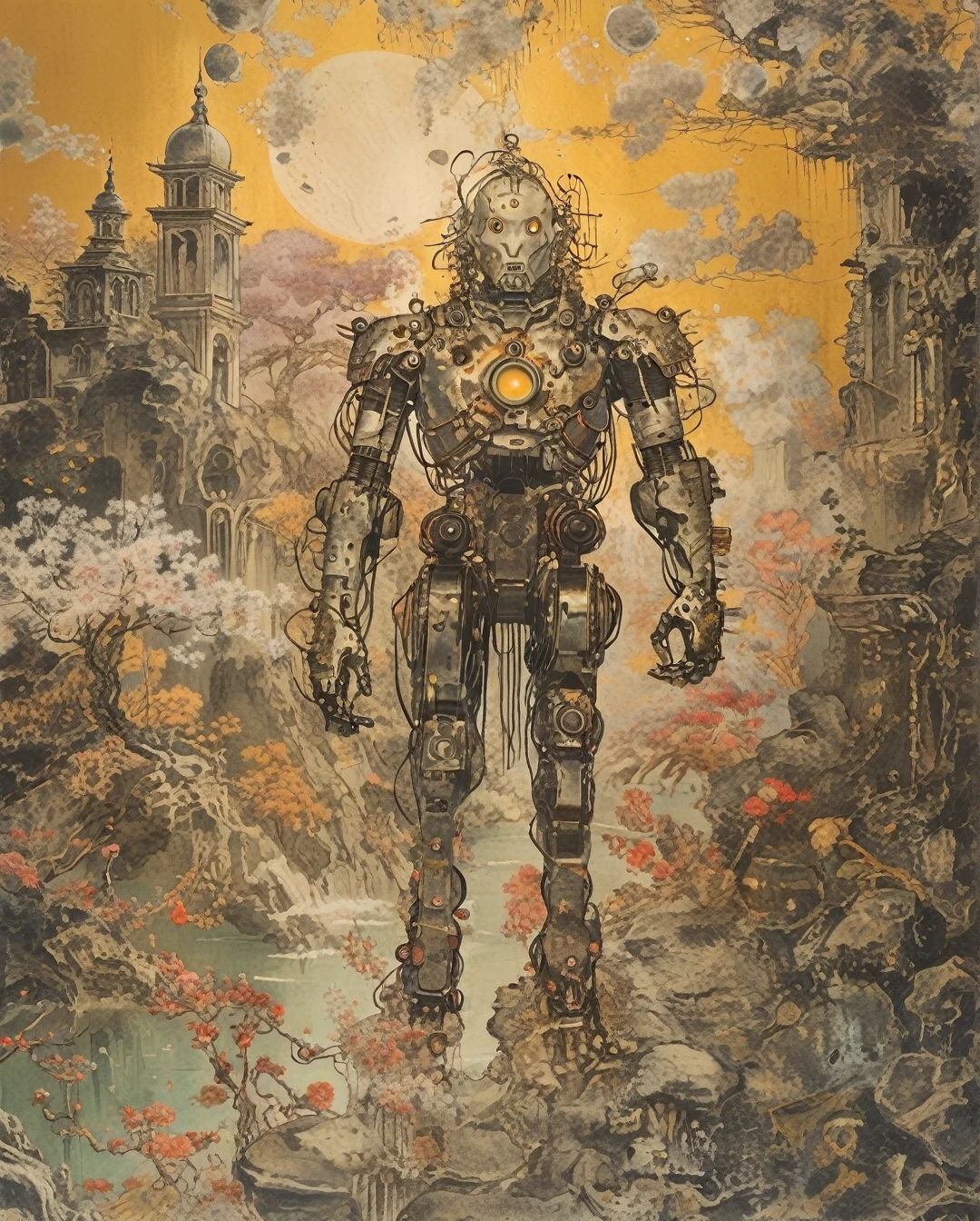 Create a portrait of a graceful, half-human, half-cyborg character dressed in Rococo fashion. The character wears intricate, gilded garments with lace and floral patterns, but with metallic limbs and glowing, cybernetic eyes. The background features ornate, pastel-colored scrollwork and romantic landscapes, merging 18th-century opulence with futuristic technology. The overall aesthetic is a blend of Rococo and Neo pop, with vibrant hues and captivating patterns.