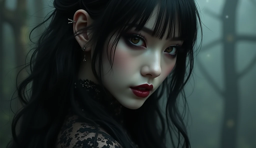 A highly detailed photorealistic image, a close up of a beautiful japanese woman, long hair with bangs, dreamy gothic girl, gothic make-up, she is a vampire, beautiful face, detailed face, elegant render, half body photo, mistress, photoshop render, ebony rococo, elegant girl, female spy, haunting beautiful young woman, detailed face, extravagant dress, beauty girl, very femenine, dark haze atmoosphere, ambient dust