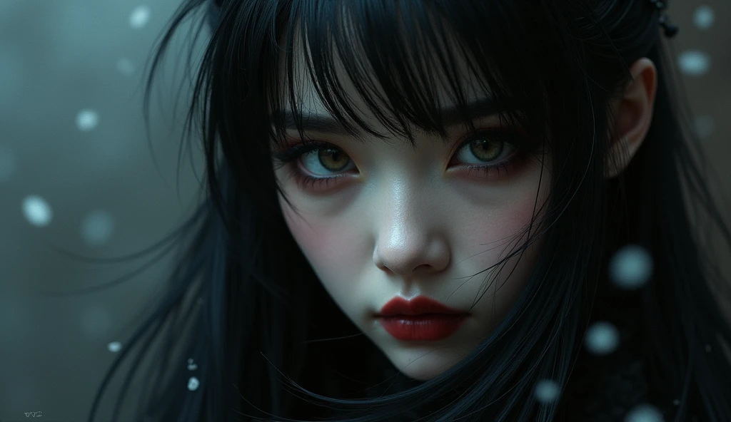 A highly detailed photorealistic image, a close up of a beautiful japanese woman, long hair with bangs, dreamy gothic girl, gothic make-up, she is a vampire, beautiful face, detailed face, elegant render, half body photo, mistress, photoshop render, ebony rococo, elegant girl, female spy, haunting beautiful young woman, detailed face, extravagant dress, beauty girl, very femenine, dark haze atmoosphere, ambient dust