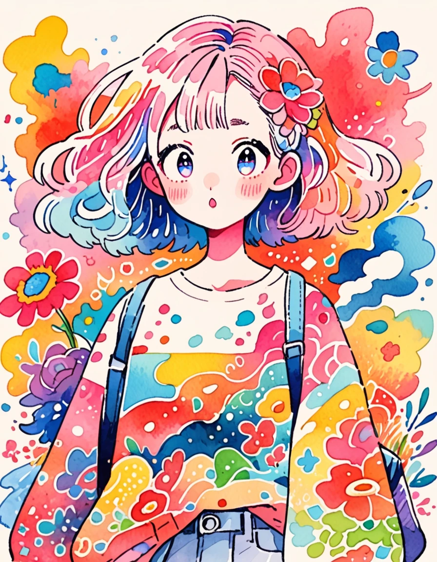 Keith Haring colorful Style、(((stylish fashion))), 8K Quality、Intense watercolor, Detailed watercolor art, Watercolor splash, Surreal, avant-garde pop art, Beautiful and expressive paintings, Beautiful artwork illustration, Very colorful tones, wonderful, Cool beauty, highest quality、Official Art, Vector art, Stylish design, (((The most beautiful girl))), (((highest quality))), HDR, ((detailed)), (((Doodle Art)), ((masterpiece)), ((Super detailed)), (((Colorful flowers))),(((Stylish)))