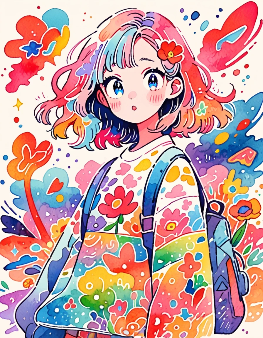 Keith Haring colorful Style、(((stylish fashion))), 8K Quality、Intense watercolor, Detailed watercolor art, Watercolor splash, Surreal, avant-garde pop art, Beautiful and expressive paintings, Beautiful artwork illustration, Very colorful tones, wonderful, Cool beauty, highest quality、Official Art, Vector art, Stylish design, (((The most beautiful girl))), (((highest quality))), HDR, ((detailed)), (((Doodle Art)), ((masterpiece)), ((Super detailed)), (((Colorful flowers))),(((Stylish)))