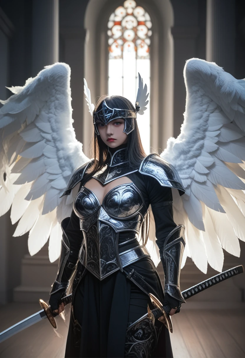 1fullbodyimage of woman in a black and silver outfit with wings wielding a katana, beautiful dark angel girl, warrior angel, villainess has black angel wings, angel knight gothic girl, angel in glossy metallic black and silver armor, crown in armour, stuning fantasy 3 d render, angel knight girl, cinematic volumetric lighting, ultra realistic, shot with Sony Fx6