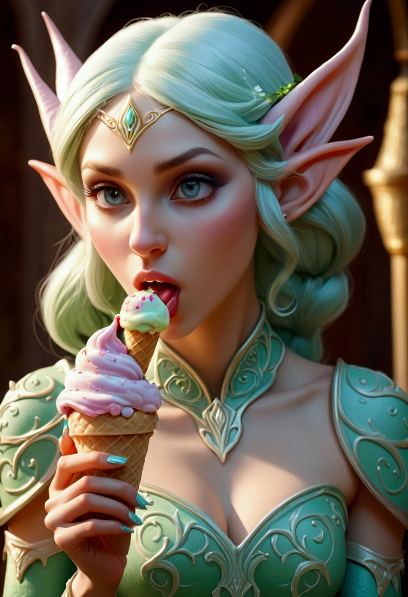 NSFW, pornographique, (((corps parfait))),20's,  young Queen Elf in the crowd shows a breast to her man, smiling, cute smile, loving, yeux roses, textured breasts, puffy lips, pink lipstick, thick lips, ((cheveux blonds)), cheveux longs, mascara, seins moyen, robe verte style fantasy, Fitted and revealing green dress accentuating her loose chest, circlet, joaillerie, boucle d'oreilles classe, Necklace of precious stones, Regard aimant, superbe face, vie nocturne, immense palais fantastique, Fantasy city in the background
