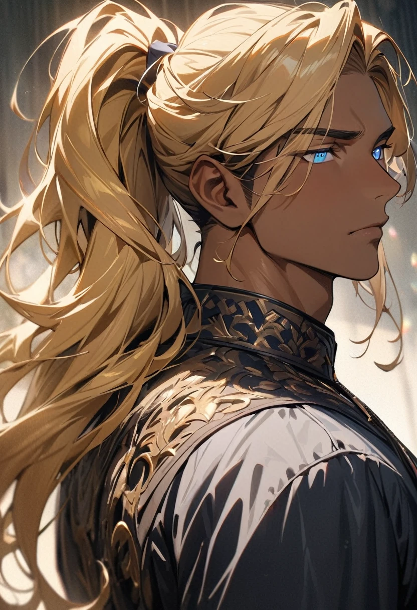 ((best quality)), ((Masterpiece)), (details), 1 man, adult, look good, Tall and muscular man, Broad shoulders, Intricately drawn eyes, long hair, ponytail ,golden hair, blue eyes, tan skin, portrait photography, Mouth closed