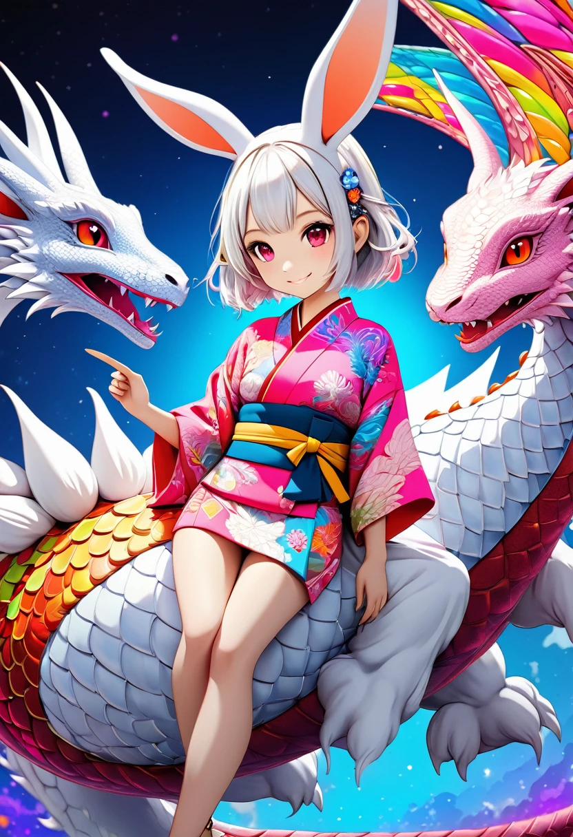 Fantasy  CG Illustration.A Ultra Chibi Style style of a rabbit transformed into a beastman A painting of a girl wearing colorful kimono and riding a dragon.The girl has short fluffy white hair and red eyes.A rabbit face with rabbit ears growing,She is wearing a colorful kimono with a pop pink base, and a cute rabbit pattern on it.The girl flies through the sky on a white dragon made of machinery.She smiles and points in the direction we're going.The background of the otherworldly world of pop art, with its many psychedelic patterns and colors,Front shot of a dragon and a girl,High quality,High precision,Masterpiece best,Quality,4k.8k,Ultra detail,Ultra fine painting,Professional illustration,Vivid color,