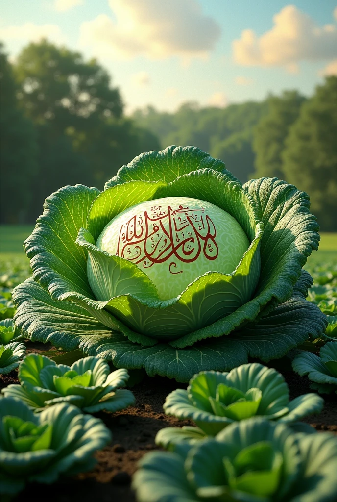 A very big cabbage is kept in a cabbage field and inside it Allah is written and behind it there are trees and the sky is visible above. Make good images and show us.