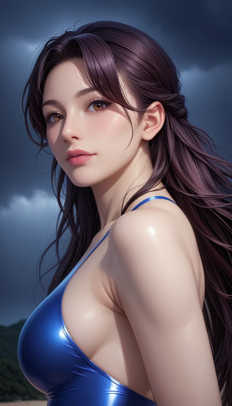 score_9, score_8_superior, score_7_superior, High-resolution CG illustration,A masterpiece in 32K resolution,Highest quality,it is really amazing,Very detailed,Ultra-high resolution,Ultra-realistic,Realistic,Increased depth of field,Cinematic lighting,
Sexy mature Japan woman,
Straight long hair with black hair,Ultra-detailed and beautiful face,Calm and gentle look,Beautiful brown eyes,Translucent white skin,Realistic skin texture,Great proportions,
Sexy high leg swimsuit,
Artistic design,Chic color scheme,Detailed fabric texture,
Dark overcast sky on a dull night,Dark clouds filling the sky,Thundercloud,Coastline at night,Stormy seas,delay々A desolate sandy beach that continues,
Beautiful back,Back view,Cinematic Angle,