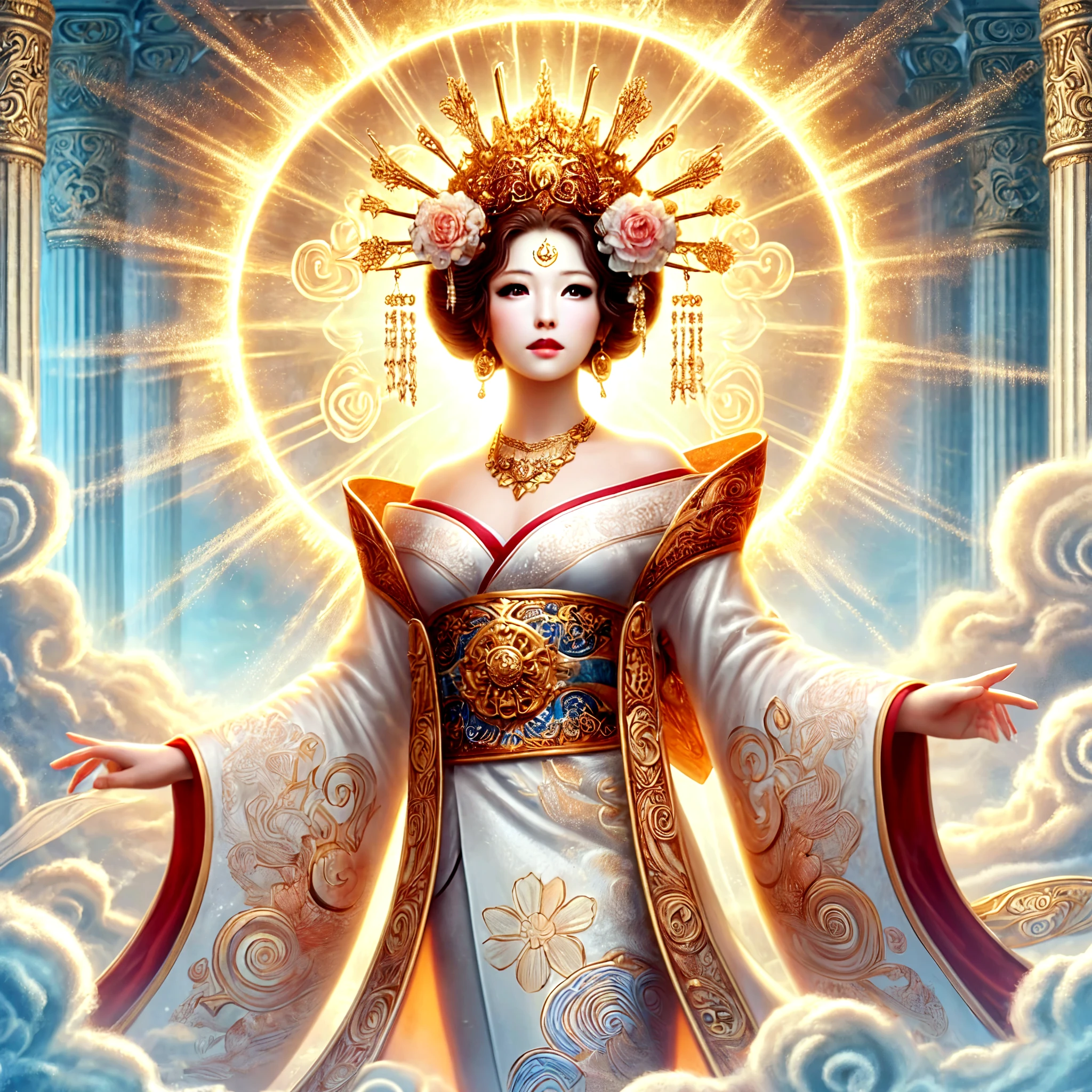 An image of 1 Guanyin, full body, full naked, nsfw: 2.0, sun, cloud, water wave