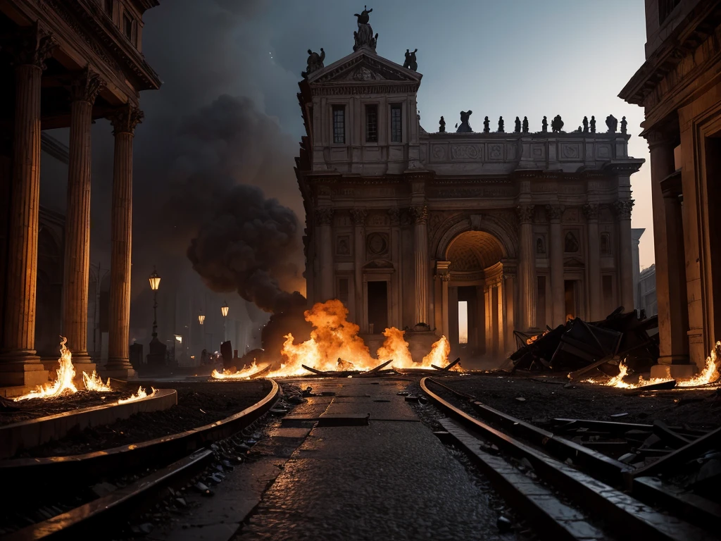 Old Rome, Midnight, dramatic,in the dark, dark, burning cathedral in the distance, Create a high-resolution digital painting of a street in the ancient rome with a burning cathedral in rome illuminated by the intense flames engulfing dimly the scene The background features the crumbling arches and shattered stained glass windows of the cathedral, all consumed by fire. The overall atmosphere is dark, chaotic, and anticlimactic with vivid details of the burning inferno heavy use of dramatic lighting and bold contrasts, Ancient rome