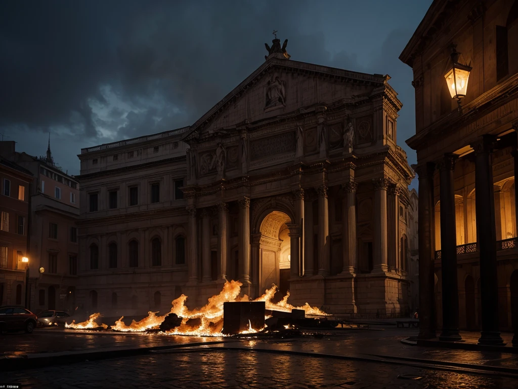 Old Rome, Midnight, dramatic,in the dark, dark, burning cathedral in the distance, Create a high-resolution digital painting of a street in the ancient rome with a burning cathedral in rome illuminated by the intense flames engulfing dimly the scene The background features the crumbling arches and shattered stained glass windows of the cathedral, all consumed by fire. The overall atmosphere is dark, chaotic, and anticlimactic with vivid details of the burning inferno heavy use of dramatic lighting and bold contrasts, Ancient rome