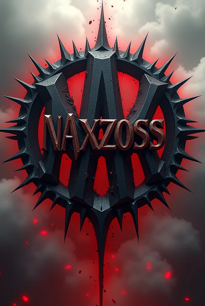 Logo "NAXZOSS", in the style of demonic Gothic, graphics, circle, spines of the letter NAXZOSS, Difficult, ultradetail, Image clarity, bloody and milky background, white clouds