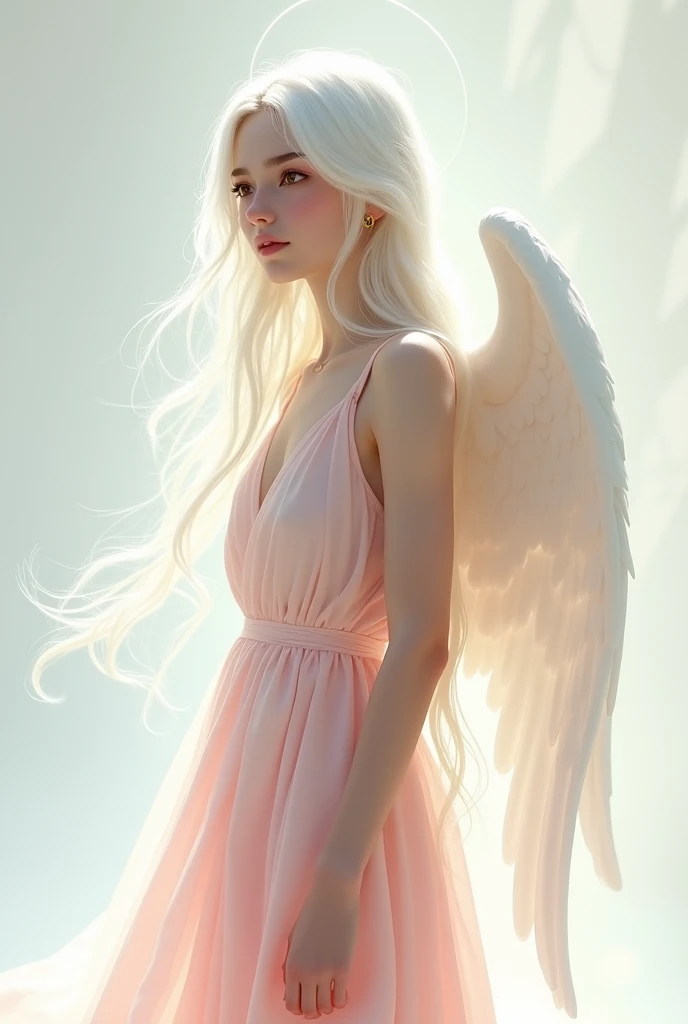 A girl whose skinny, tall, long white hair, brown eyes, big eyes, have a white wings, clean, kind, simple pink gown, realistic