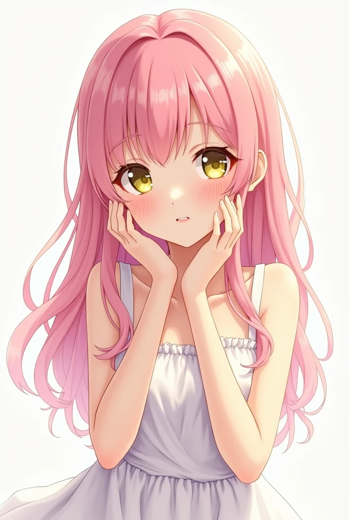 masterpieces.((Highest quality)), ((masterpiece)), (detailed), One Girl, Pink Hair、long hair with a slight curl、Fair skin、White dresser piece、Embarrassing、smile、Yellow Eyes、Anime Girls, Fascinating anime, Small curve , Beautiful and attractive anime teen, Highest rated on pixiv, Pixiv 3DCG, 非常にdetailed,