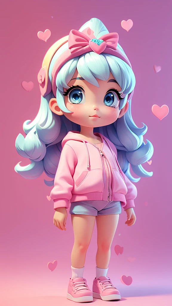 Funny looking female 3D animation, Wearing pink casual clothes, White and. Background of pastel wallpaper with heart decoration.