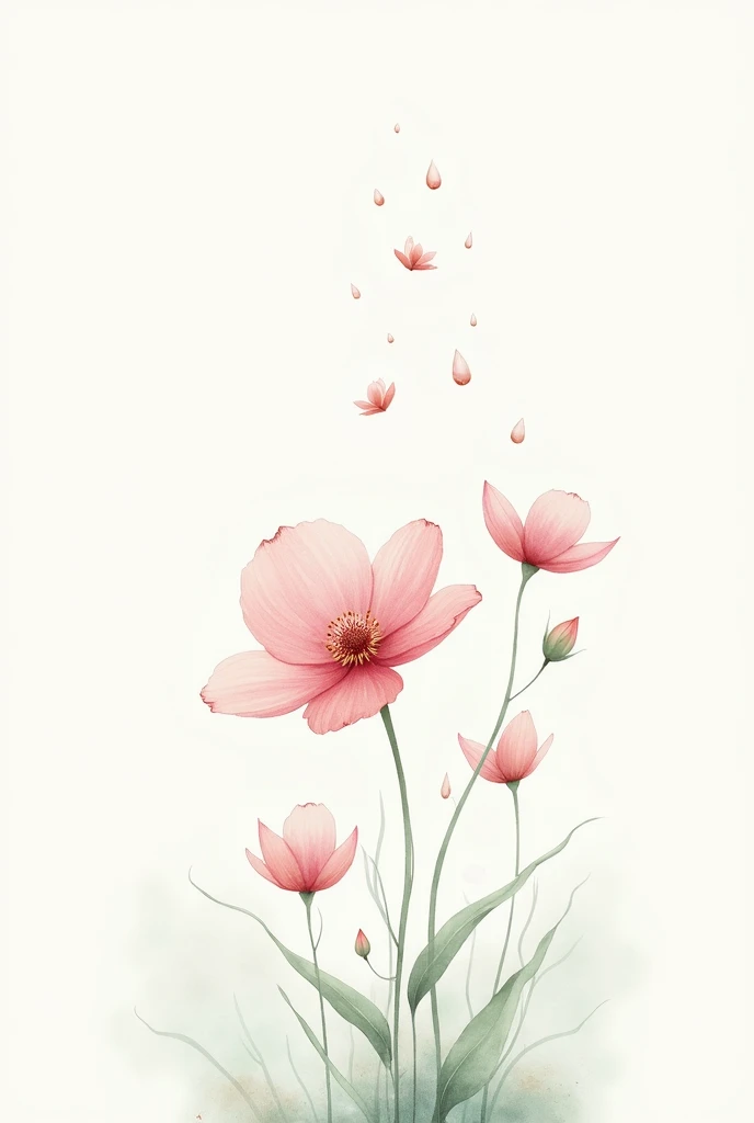  Depict delicate, almost translucent, watercolor flowers with drops of water falling from them. The delicate nature of the flowers and the water could symbolize the fragile and ephemeral nature of life, highlighting the beauty in its transience.