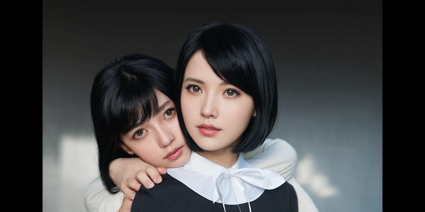 couple, black hair, short skirt, realistic face, 4K
