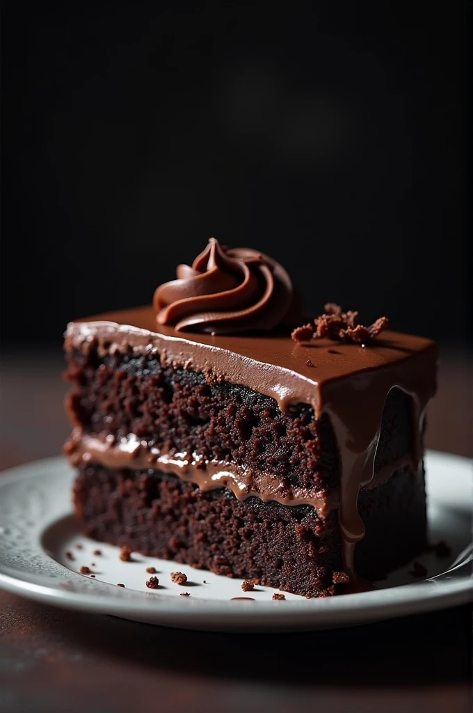 cinematic film still chocolate, chocolate cake, dark background, quality photo, moist texture, frosting, studio photo, slice . shallow depth of field, vignette, highly detailed, high budget, bokeh, cinemascope, moody, epic, gorgeous, film grain, grainy