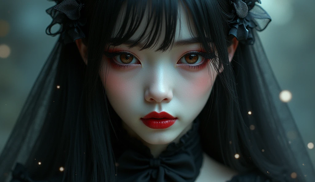 A highly detailed photorealistic image, a close up of a beautiful japanese woman, long hair with bangs, dreamy gothic girl, gothic make-up, she is a vampire, beautiful face, detailed face, elegant render, half body photo, mistress, photoshop render, ebony rococo, elegant girl, female spy, haunting beautiful young woman, detailed face, extravagant dress, beauty girl, very femenine, dark haze atmoosphere, ambient dust