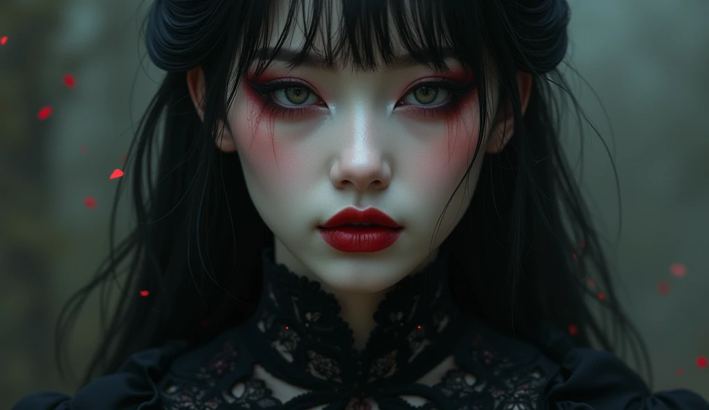 A highly detailed photorealistic image, a close up of a beautiful japanese woman, long hair with bangs, dreamy gothic girl, gothic make-up, she is a vampire, beautiful face, detailed face, elegant render, half body photo, ????????, photoshop render, ebony rococo, elegant girl, female spy, haunting beautiful young woman, detailed face, extravagant dress, beauty girl, very femenine, dark haze atmoosphere, ambient dust