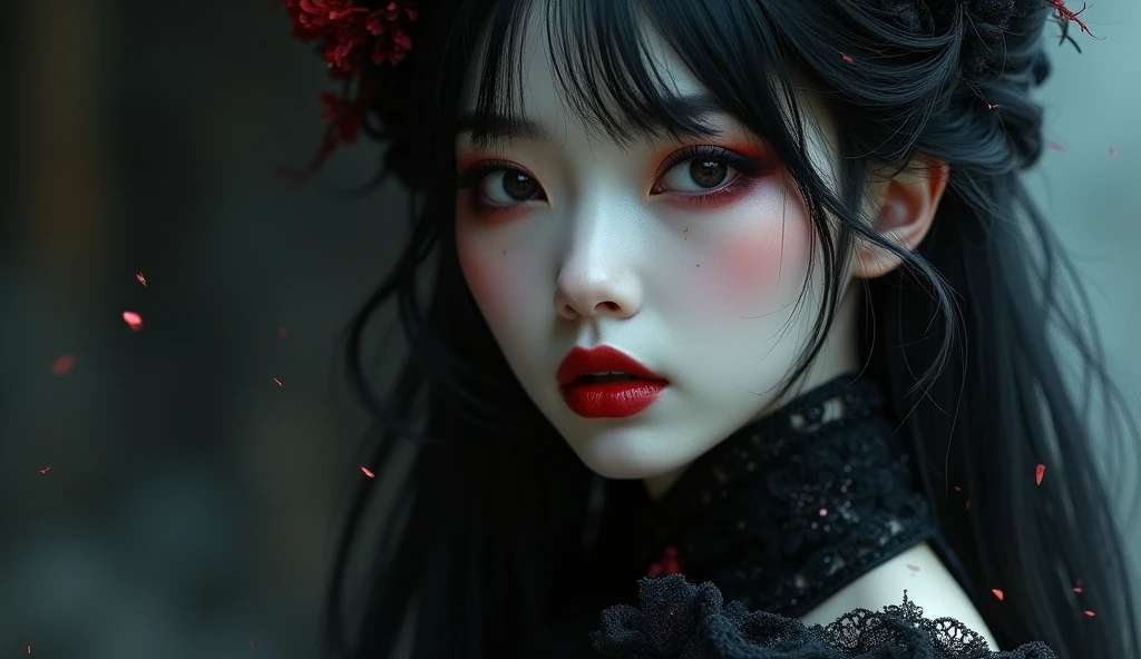 A highly detailed photorealistic image, a close up of a beautiful japanese woman, long hair with bangs, dreamy gothic girl, gothic make-up, she is a vampire, beautiful face, detailed face, elegant render, half body photo, mistress, photoshop render, ebony rococo, elegant girl, female spy, haunting beautiful young woman, detailed face, extravagant dress, beauty girl, very femenine, dark haze atmoosphere, ambient dust