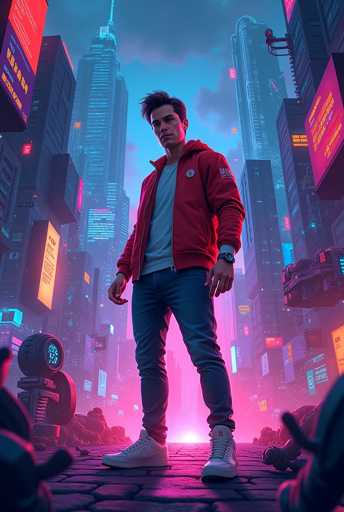 there is a man sitting on a rail with a city in the background, hero pose colorful city lighting, ross tran 8 k, peter parker, range murata and artgerm, ross tran style, peter parker as spiderman, inspired by Rudy Siswanto, photorealistic artstyle, artgerm and atey ghailan, realistic artstyle, bad anime 8 k